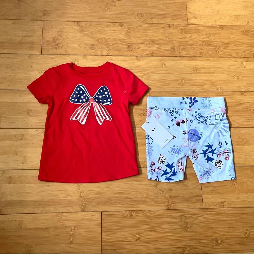 NWT Girls Size 3T Patriotic Bow Tee & Nike Bike Shorts Outfit